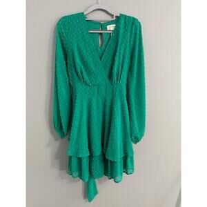 Jessica Simpson Green Textured Long Sleeve Ruffle Tier Hem Swiss Dot Dress M